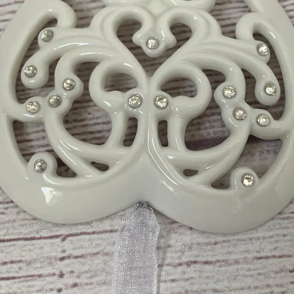 Regent Square Studio Porcelain Filigree Heart Ornament European Crystals Cream